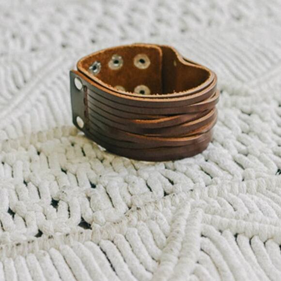 Boho Braided Leather Wide Wrap Adjustable Snap Cuff Bracelet Brown - Picture 3 of 4